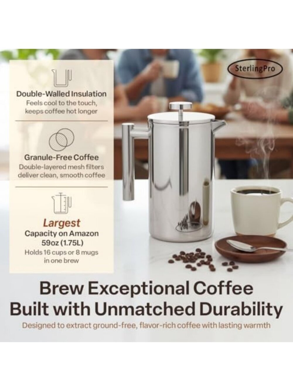 Extra Large Non-Toxic Insulated Stainless Steel French Press - 64oz Capacity, 16 - Picture 2 of 6